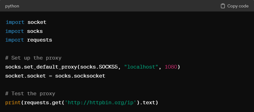 This script configures a SOCKS proxy that routes through localhost on port 1080. Replace "localhost" and 1080 with your server details.
